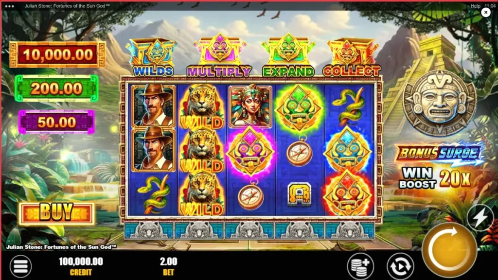 Tampilan layar permainan Julian Stone: Fortunes of the Sun God™ menampilkan penjelajah di reruntuhan Aztec.