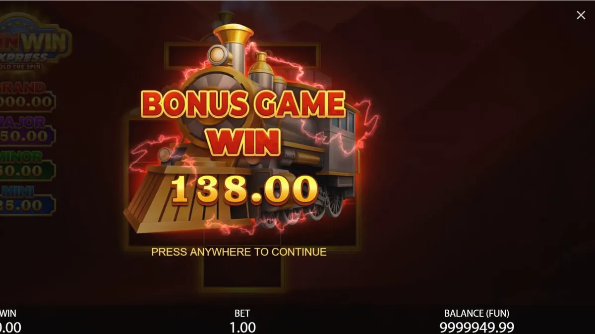 Tampilan visual slot Coin Win Express dengan tema kereta api dan simbol buah klasik